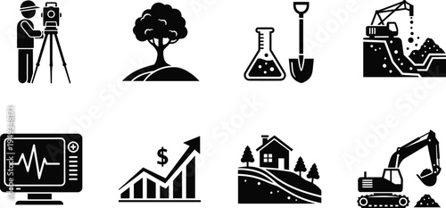 Collection of black industry icons on white background, including construction excavator surveyor science lab equipment financial growth chart and medical monitor
