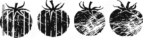 Grunge tomato silhouettes with distressed texture and vintage in black on white background