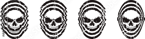 Four black and white skull illustrations in graffiti with striped backgrounds