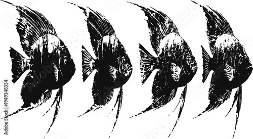 Four black and white angelfish silhouettes swimming in a row on a white background