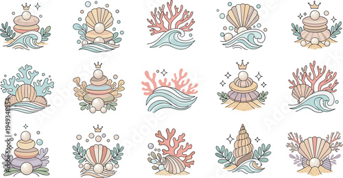Elegant underwater vector collection featuring pearls in oyster shells royal crowns and coral reef elements for luxury maritime and spa branding.