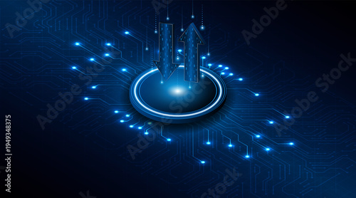Up and down arrows on dark blue background. Concept of data transmission or digital exchange. Business growth or investment concept. Blue arrow technology background.