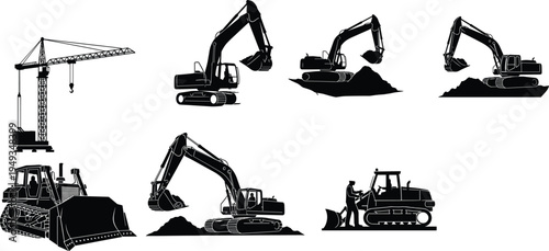Collection of heavy construction machinery black silhouettes including excavators tower crane and bulldozer isolated on white background for industrial building projects