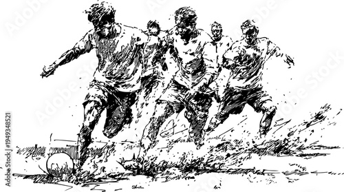 soccer players running and competing for ball on grassy field in dynamic game action