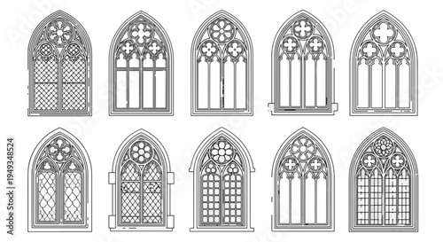 Gothic Window Designs Architectural Elements Line Art