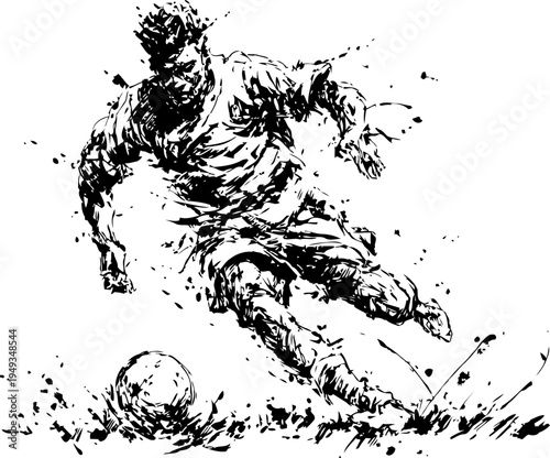 Dynamic soccer player kicking ball energetic athlete in action, motion splash ink drawing, sports concept