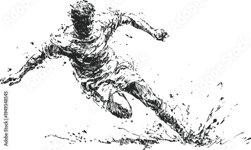 Dynamic ink sketch of a soccer player kicking ball with splash effect