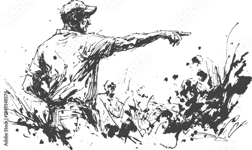Hunter aiming and pointing with rifle in forest outdoor wildlife hunting concept, wilderness silhouette ink drawing