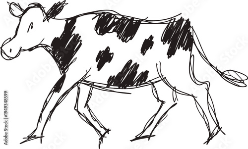 hand drawn sketch of a walking dairy cow with black spots and simple line art