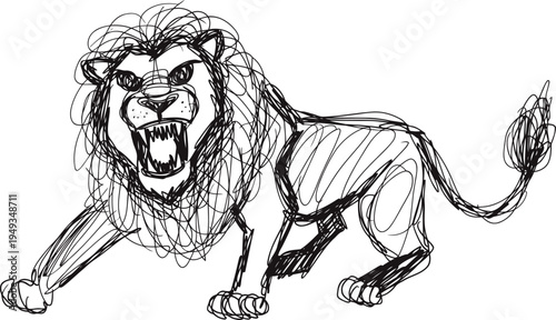 Sketch of a roaring lion standing with an open mouth and detailed mane drawing