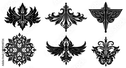 Victorian Gothic Ornate Decorative Elements for Design in Black