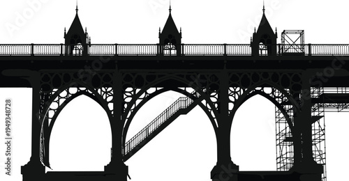 Black silhouette of gothic bridge with arches and spires on white background, historical architectural bridge structure with construction scaffolding for restoration