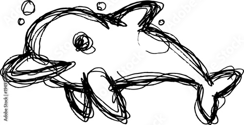 Playful dolphin sketch swimming underwater with bubbles, simple black ink drawing