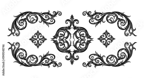 Victorian Gothic Scrollwork Decorative Ornate Black White Floral Pattern