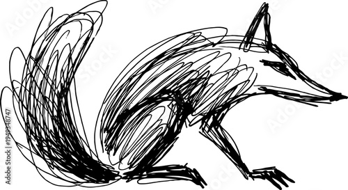 abstract fox sketch with dynamic black ink lines and expressive brush strokes