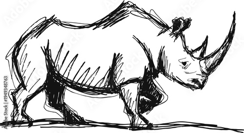 Sketch of a rhinoceros with prominent horn, side view line art drawing, wild animal illustration