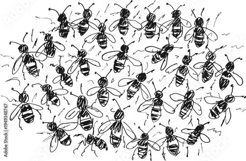 swarm of bees flying together with transparent wings and striped bodies in colony formation