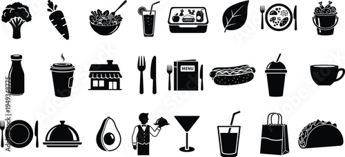 Restaurant icons set with food symbols flat black silhouettes on white background icons set
