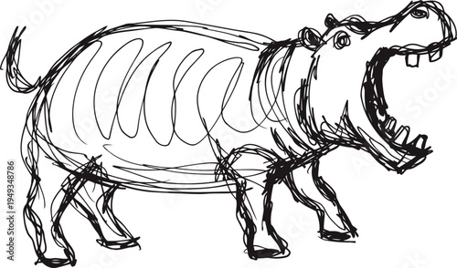 hand drawn sketch of a hippopotamus with open mouth roaring or yawning