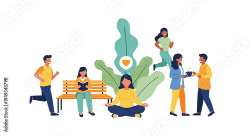 Diverse People Enjoying Wellness Activities: Running, Reading, Meditating, and Sharing for a Balanced & Healthy Lifestyle. Flat Illustration.