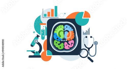Brain Scan and Medical Research Concept with Data Analysis, Lab Tools, and Stethoscope for Neuroscience Health Study