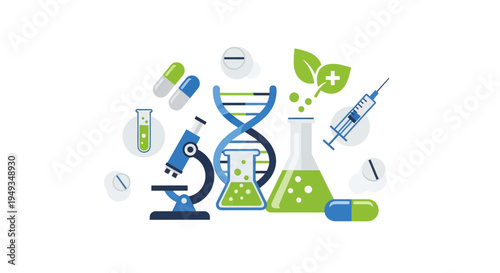 Biotechnology & Pharmaceutical Research Concept with DNA, Microscope, Lab Equipment & Natural Medicine Elements