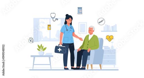 Home Healthcare Nurse Assisting Senior Man - Medical Care and Elderly Support Illustration