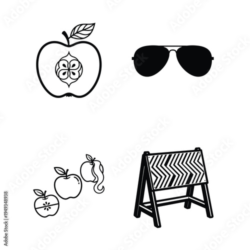 Black and white of various sunglasses apple beach sign fruits leafy apple