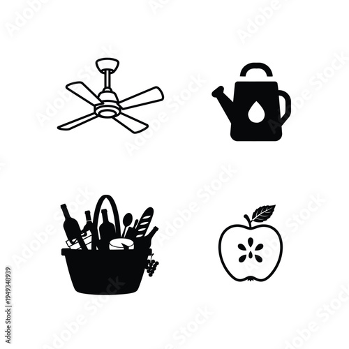 Ceiling fan watering can picnic basket apple fruit