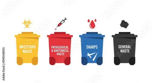 Medical Waste Segregation and Disposal Bins: Color-Coded System for Infectious, Pathological, Sharps, and General Healthcare Waste Management