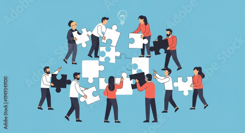 Diverse team of people collaborating to solve a complex puzzle together.