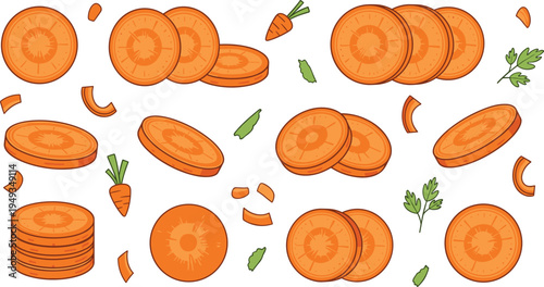 Fresh carrot slices and stacked rounds vector set featuring orange root vegetable cross sections with parsley leaves for healthy food and cooking.