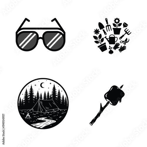 Summer Adventure Essentials Sunglasses and Travel Icons Set