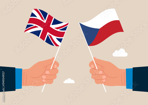 Bilateral political relations. Two flags of friendship. Businesspeople united between Great Britain and its friendly countries Czech Republic. Flat vector illustration.