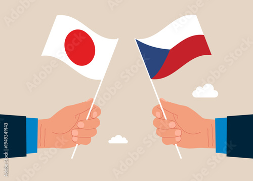 Bilateral political relations. Two flags of friendship. Businesspeople united between Czech Republic and its friendly countries Japan. Flat vector illustration.