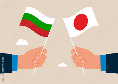 Bilateral political relations. Two flags of friendship. Businesspeople united between Bulgaria and its friendly countries Japan. Flat vector illustration.