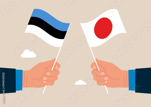 Bilateral political relations. Two flags of friendship. Businesspeople united between Estonia and its friendly countries Japan. Flat vector illustration.