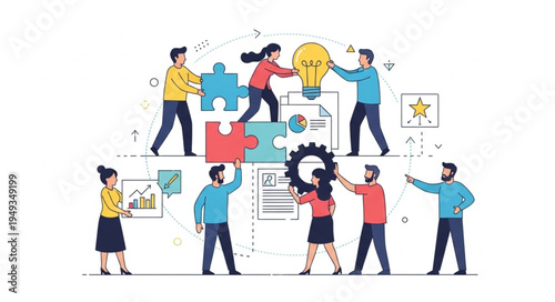 Diverse team collaborating on a new idea with puzzle pieces and lightbulb.