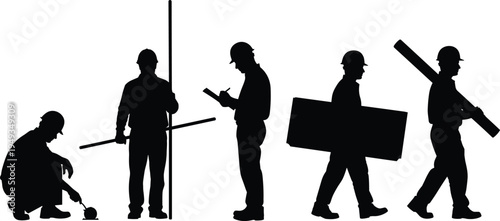 Collection of black construction worker silhouettes on white background, industrial team including inspector surveyor and laborers carrying materials for building projects