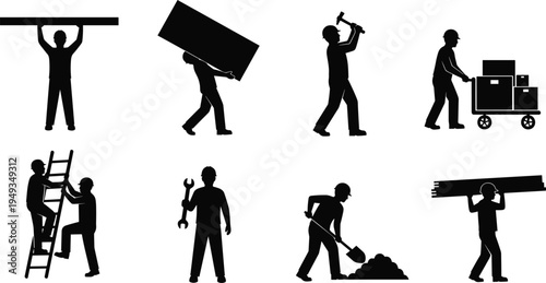 Vector illustration of construction workers silhouettes performing various tasks with tools, ladders, beams, and carts, symbolizing labor, teamwork, building, engineering, safety, infrastructure
