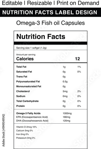 Nutrition facts label design for omega 3 fish oil capsules