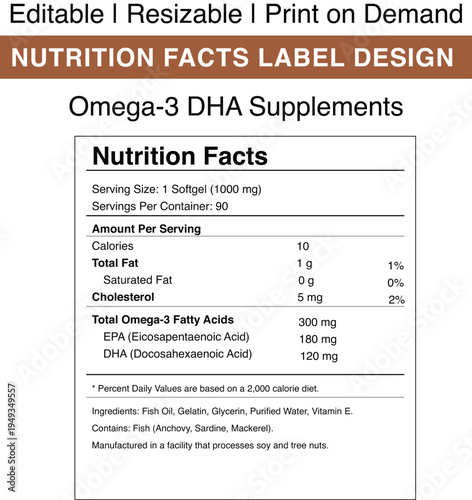 Nutrition facts label design for omega 3 dha supplements