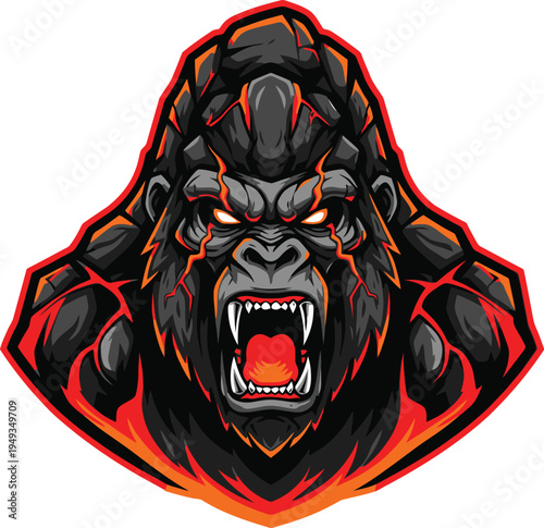 Massive gorilla head logo design presents a stone-like texture with internal red and orange energy cracks and a wide open snarl.