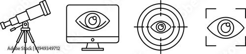 Vector illustration of vision technology icons including telescope, surveillance monitor, eye target, and biometric scanning, symbolizing observation, focus, precision, security, science, and digital