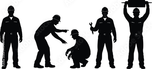 Collection of black construction worker silhouettes on white background, industrial labor team with foreman, supervisor and workers using tools and equipment