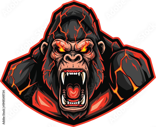 Intense gorilla mascot head displays cracked skin texture glowing with internal lava-like orange light and an open mouth.