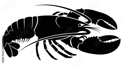 Stylized black and white illustration of a lobster side view with prominent claws