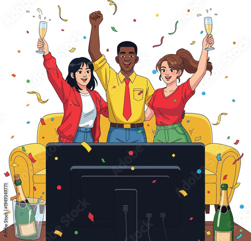 Tropy celebration scene with friends isolated on transparent background