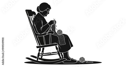 Elderly woman peacefully knitting while seated in a rocking chair