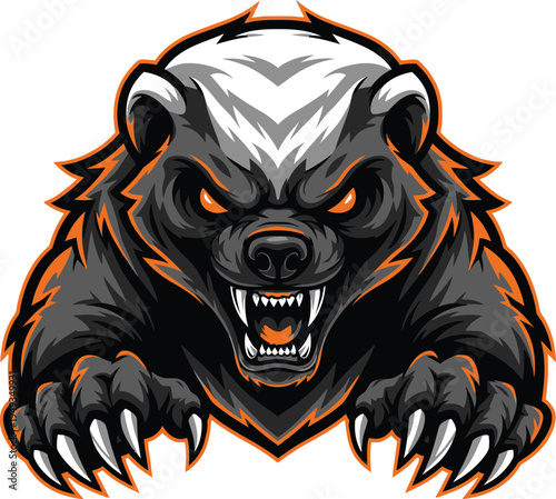 An aggressive badger mascot illustration features dark fur, white facial stripes, and glowing orange eyes while lunging forward with sharp claws extended.